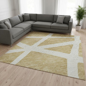 HomeRoots 9' X 12' Gold and Ivory Geometric Area Rug – Washable, UV-Protected, Durable for High-Traffic Homes 681604
