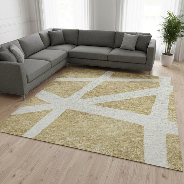 HomeRoots 9' X 12' Gold and Ivory Geometric Area Rug – Washable, UV-Protected, Durable for High-Traffic Homes 681604