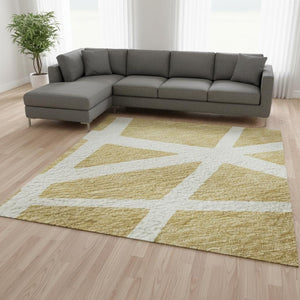 HomeRoots 10' X 14' Gold and Ivory Geometric Area Rug – Washable, UV-Protected, Perfect for Kids & Pets! 681605