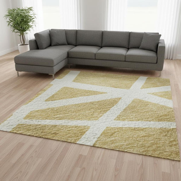 HomeRoots 10' X 14' Gold and Ivory Geometric Area Rug – Washable, UV-Protected, Perfect for Kids & Pets! 681605