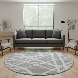 HomeRoots 8' Gray and Ivory Geometric Round Rug - Washable, UV Protected, Stain Resistant for High Traffic Areas 681608