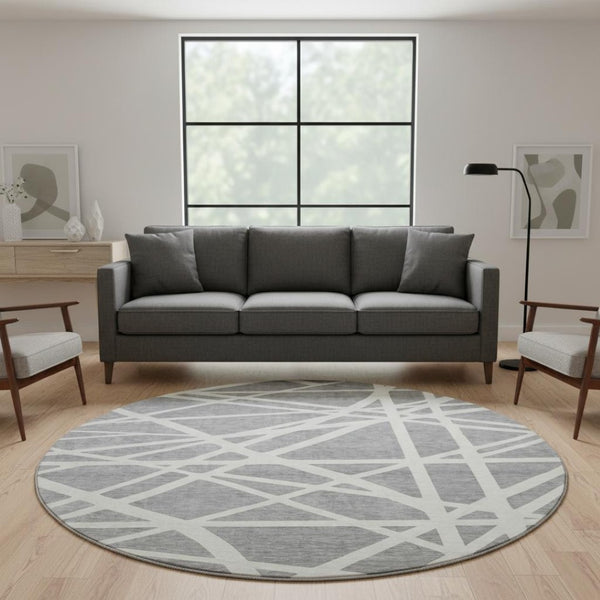 HomeRoots 8' Gray and Ivory Geometric Round Rug - Washable, UV Protected, Stain Resistant for High Traffic Areas 681608