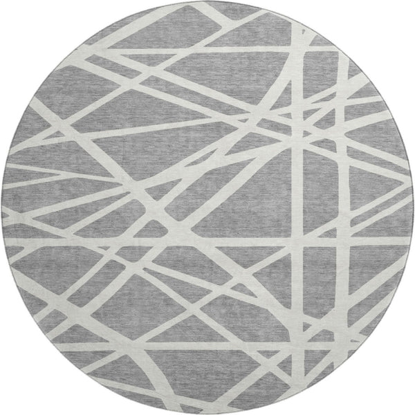 HomeRoots 8' Gray and Ivory Geometric Round Rug - Washable, UV Protected, Stain Resistant for High Traffic Areas 681608