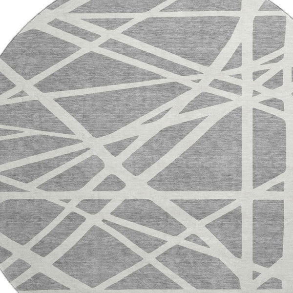 HomeRoots 8' Gray and Ivory Geometric Round Rug - Washable, UV Protected, Stain Resistant for High Traffic Areas 681608