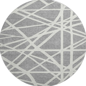 HomeRoots 8' Gray and Ivory Geometric Round Rug - Washable, UV Protected, Stain Resistant for High Traffic Areas 681608
