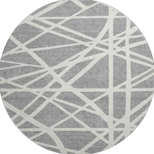 HomeRoots 8' Gray and Ivory Geometric Round Rug - Washable, UV Protected, Stain Resistant for High Traffic Areas 681608