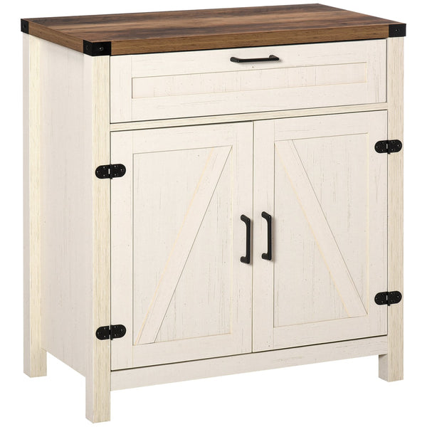 English Elm HOMCOM Rustic Farmhouse Sideboard Buffet with 2 Barn Doors, Adjustable Shelf, Drawer Storage White W2225P173876