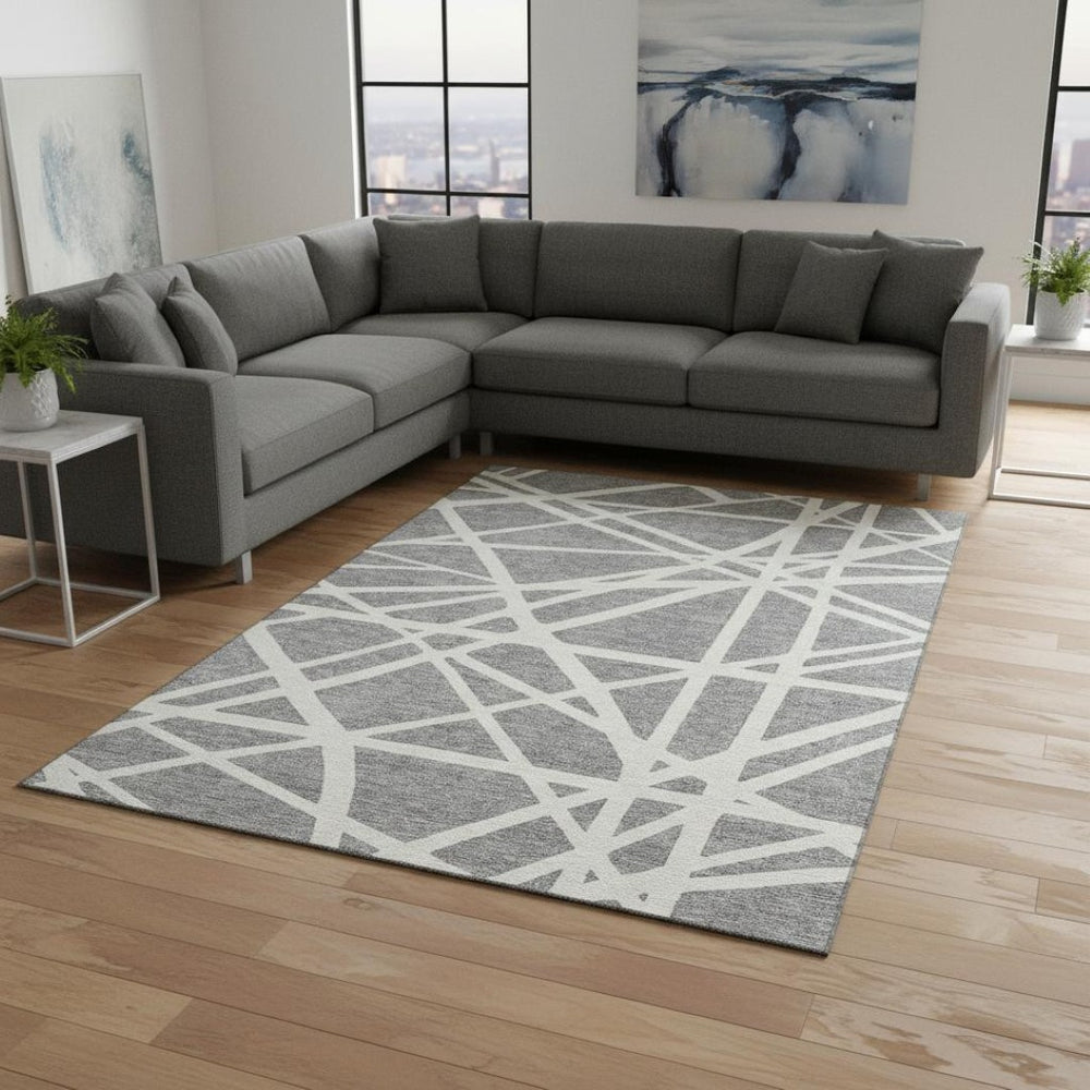 HomeRoots 9' X 12' Gray and Ivory Geometric Area Rug - Washable, UV-Protected, Perfect for Homes with Kids & Pets! 681610