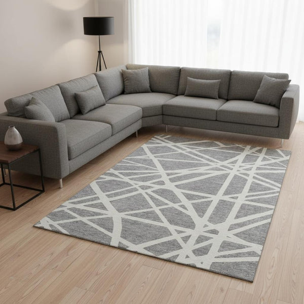 HomeRoots 10' X 14' Gray And Ivory Geometric Area Rug - Washable, UV Protected, Stain Resistant for Busy Homes 681611