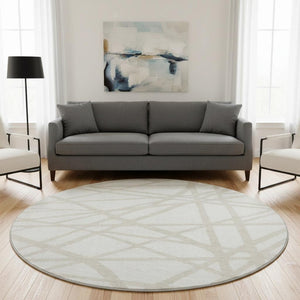HomeRoots 8' Ivory and Beige Geometric Round Rug - Washable, UV-Protected, Stain-Resistant, Easy-Care Decor 681614
