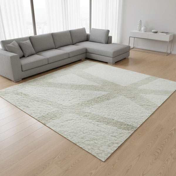 HomeRoots 10' x 14' Ivory and Beige Geometric Area Rug – Washable, UV Protected, Stylish for High Traffic Areas! 681617