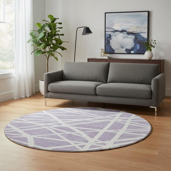 HomeRoots 8' Stylish Lavender & Ivory Geometric Washable Round Rug with UV Protection for Indoor & Outdoor Use 681620
