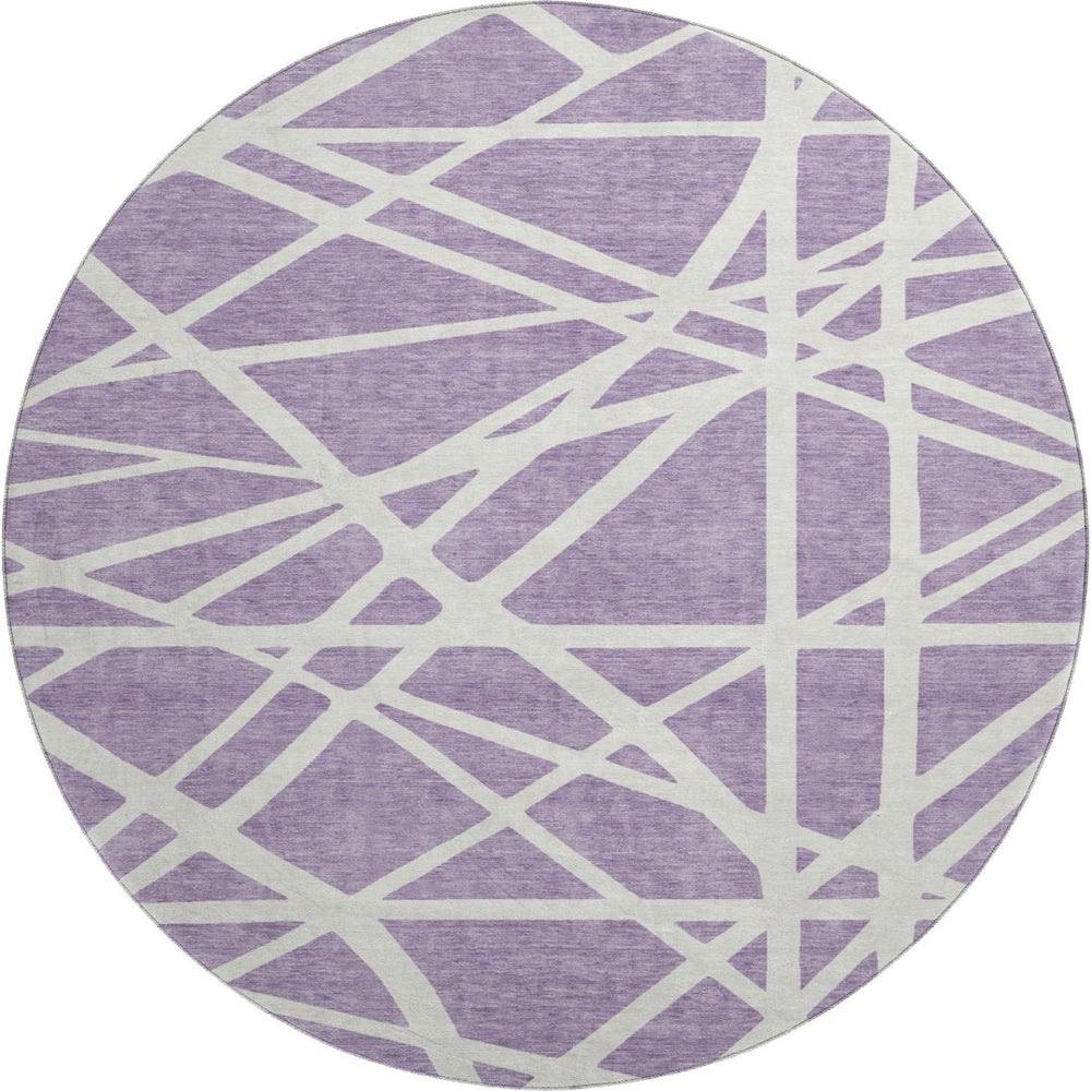 HomeRoots 8' Stylish Lavender & Ivory Geometric Washable Round Rug with UV Protection for Indoor & Outdoor Use 681620