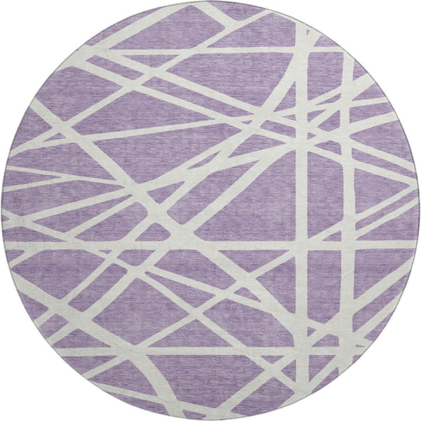 HomeRoots 8' Stylish Lavender & Ivory Geometric Washable Round Rug with UV Protection for Indoor & Outdoor Use 681620