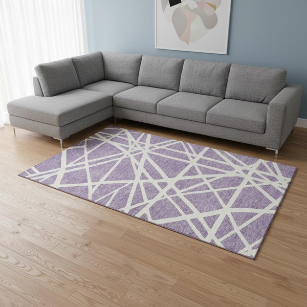 HomeRoots 9' X 12' Modern Lavender & Ivory Geometric Area Rug - Washable, UV Protection for Active Homes! 681622