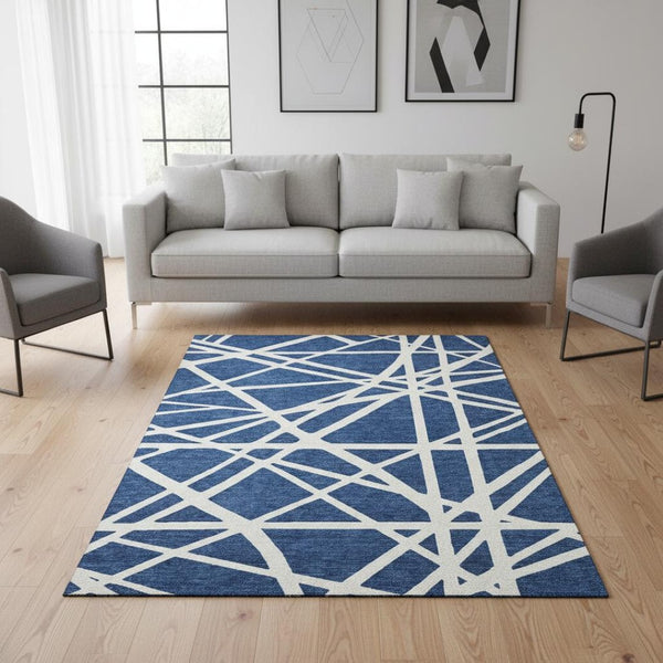 HomeRoots 5' X 8' Navy Blue & Ivory Geometric Area Rug - Durable, Washable, UV Protected for Modern Spaces 681625