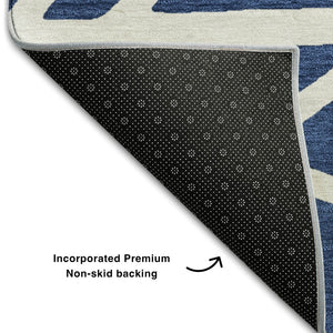 HomeRoots 5' X 8' Navy Blue & Ivory Geometric Area Rug - Durable, Washable, UV Protected for Modern Spaces 681625