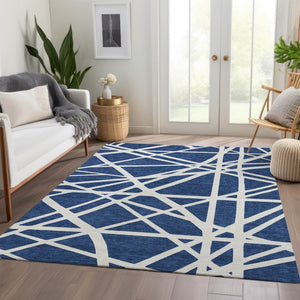 HomeRoots 5' X 8' Navy Blue & Ivory Geometric Area Rug - Durable, Washable, UV Protected for Modern Spaces 681625