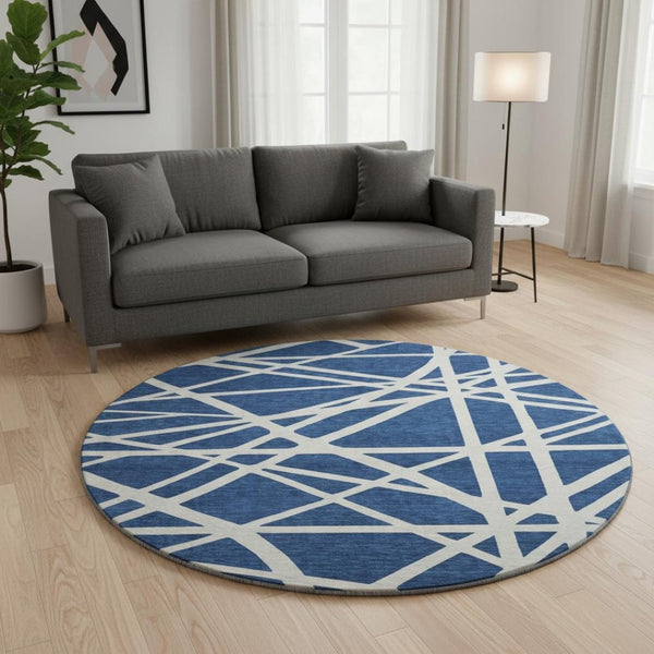 HomeRoots 8' Navy Blue & Ivory Geometric Round Rug – Washable, UV-Protected, Ideal for High-Traffic Spaces 681626