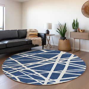 HomeRoots 8' Navy Blue & Ivory Geometric Round Rug – Washable, UV-Protected, Ideal for High-Traffic Spaces 681626