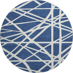 HomeRoots 8' Navy Blue & Ivory Geometric Round Rug – Washable, UV-Protected, Ideal for High-Traffic Spaces 681626