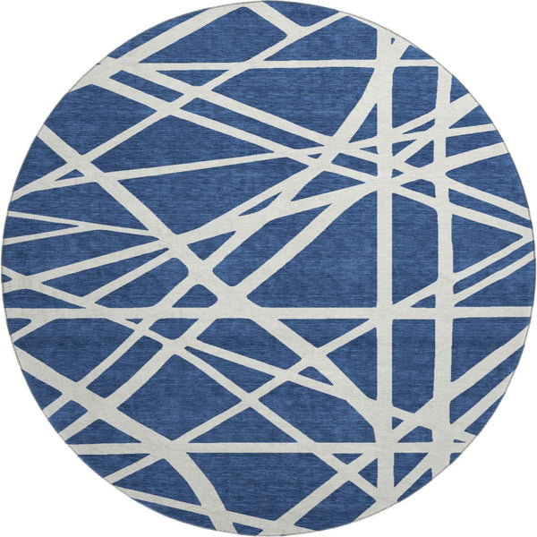 HomeRoots 8' Navy Blue & Ivory Geometric Round Rug – Washable, UV-Protected, Ideal for High-Traffic Spaces 681626