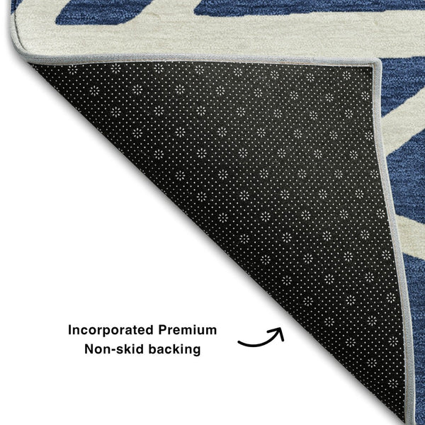 HomeRoots 8' Navy Blue & Ivory Geometric Round Rug – Washable, UV-Protected, Ideal for High-Traffic Spaces 681626