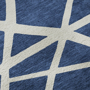 HomeRoots 8' Navy Blue & Ivory Geometric Round Rug – Washable, UV-Protected, Ideal for High-Traffic Spaces 681626