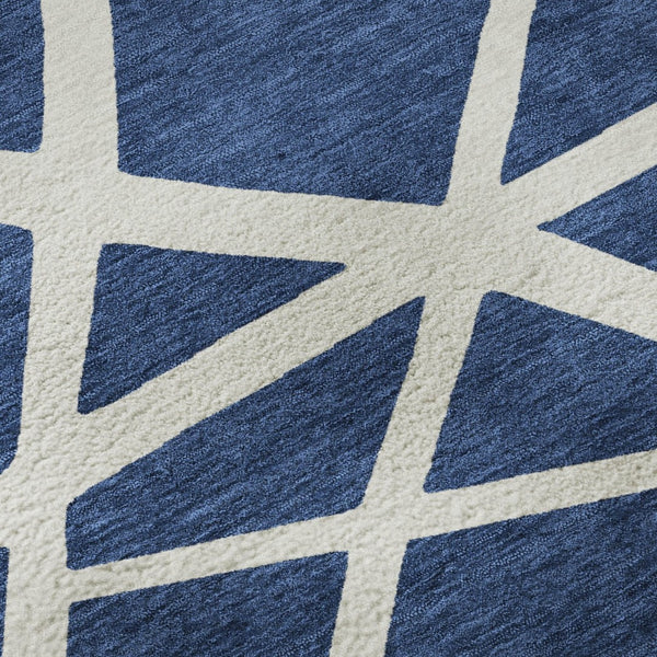 HomeRoots 8' Navy Blue & Ivory Geometric Round Rug – Washable, UV-Protected, Ideal for High-Traffic Spaces 681626