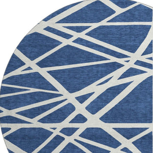 HomeRoots 8' Navy Blue & Ivory Geometric Round Rug – Washable, UV-Protected, Ideal for High-Traffic Spaces 681626