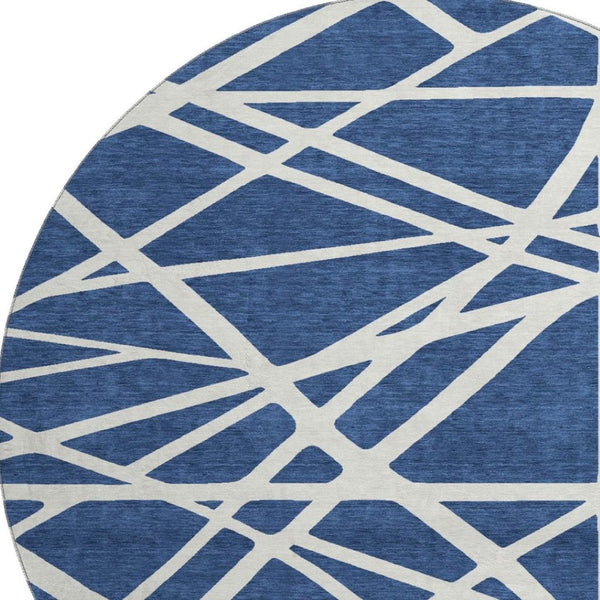 HomeRoots 8' Navy Blue & Ivory Geometric Round Rug – Washable, UV-Protected, Ideal for High-Traffic Spaces 681626