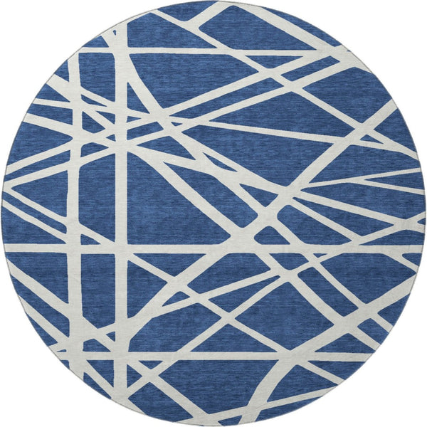HomeRoots 8' Navy Blue & Ivory Geometric Round Rug – Washable, UV-Protected, Ideal for High-Traffic Spaces 681626
