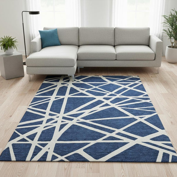 HomeRoots 8' X 10' Contemporary Navy Blue & Ivory Geometric Area Rug – Washable, UV-Protected & Stain Resistant 681627