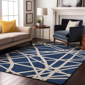 HomeRoots 8' X 10' Contemporary Navy Blue & Ivory Geometric Area Rug – Washable, UV-Protected & Stain Resistant 681627