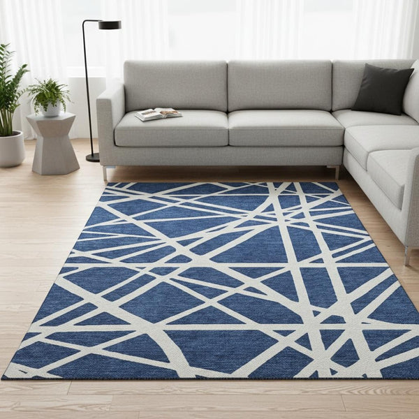 HomeRoots 9' X 12' Navy Blue Geometric Area Rug – Washable, Stain-Resistant & UV-Protected for All Spaces! 681628
