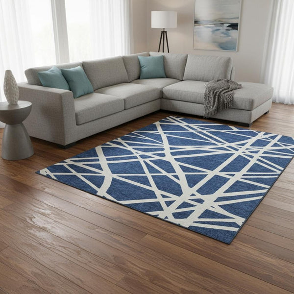 HomeRoots 10' X 14' Navy Blue Geometric Washable Area Rug with UV Protection for Stylish, Durable Living Spaces 681629