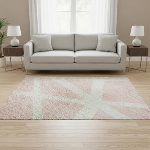 HomeRoots 5' X 8' Pink and Ivory Geometric Area Rug - Washable, UV Protected, Stylish, Durable for All Spaces 681631