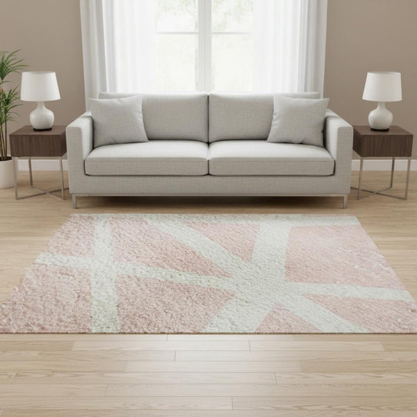 HomeRoots 5' X 8' Pink and Ivory Geometric Area Rug - Washable, UV Protected, Stylish, Durable for All Spaces 681631