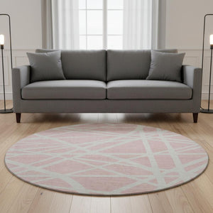 HomeRoots 8' Pink and Ivory Geometric Round Rug - Washable, UV-Protected, Durable, Perfect for Busy Homes! 681632