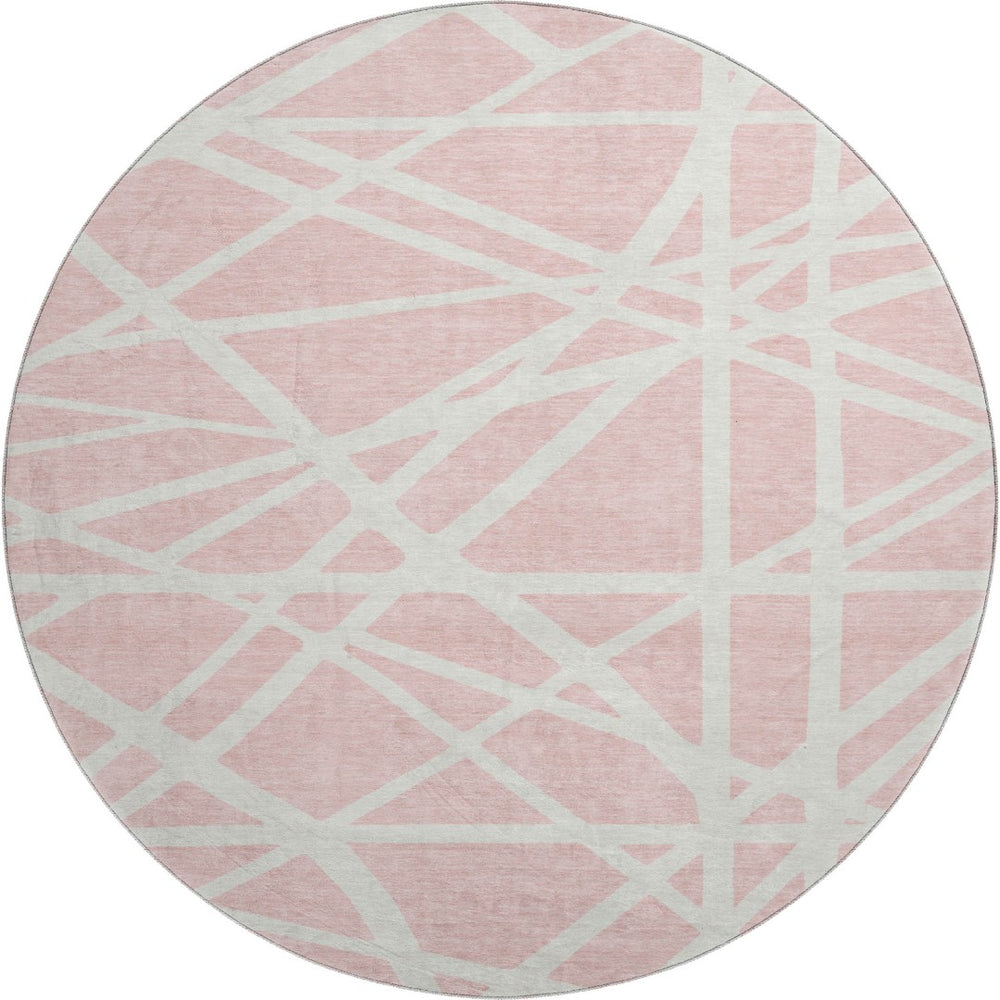 HomeRoots 8' Pink and Ivory Geometric Round Rug - Washable, UV-Protected, Durable, Perfect for Busy Homes! 681632