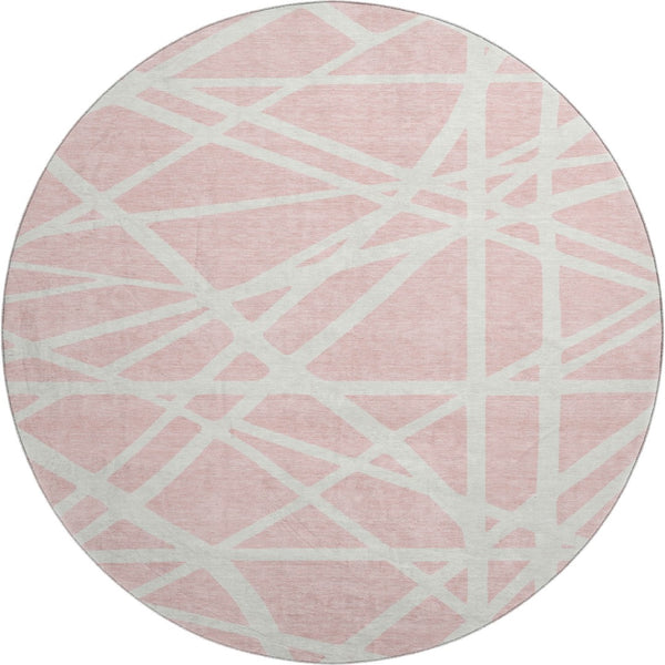 HomeRoots 8' Pink and Ivory Geometric Round Rug - Washable, UV-Protected, Durable, Perfect for Busy Homes! 681632