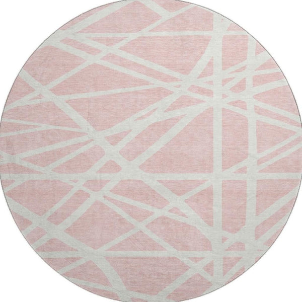 HomeRoots 8' Pink and Ivory Geometric Round Rug - Washable, UV-Protected, Durable, Perfect for Busy Homes! 681632