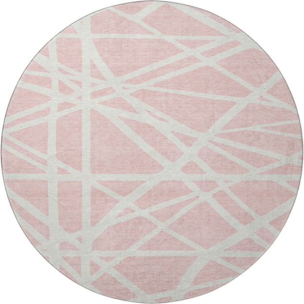 HomeRoots 8' Pink and Ivory Geometric Round Rug - Washable, UV-Protected, Durable, Perfect for Busy Homes! 681632