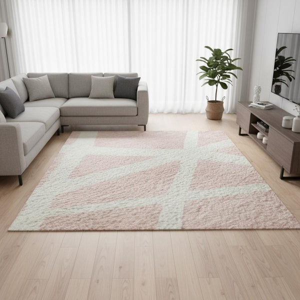 HomeRoots 8' X 10' Pink And Ivory Geometric Washable Area Rug – Stylish, Durable, Stain-Resistant & UV Protected! 681633