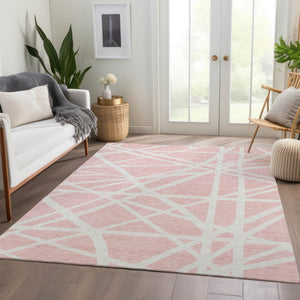 HomeRoots 8' X 10' Pink And Ivory Geometric Washable Area Rug – Stylish, Durable, Stain-Resistant & UV Protected! 681633