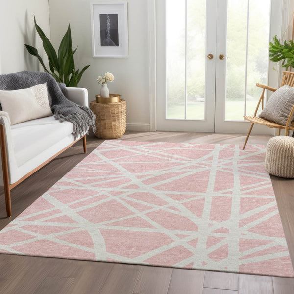 HomeRoots 8' X 10' Pink And Ivory Geometric Washable Area Rug – Stylish, Durable, Stain-Resistant & UV Protected! 681633