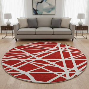 HomeRoots 8' Red and Ivory Geometric Round Rug - Durable, Washable, UV-Protected, Perfect for Busy Homes! 681638