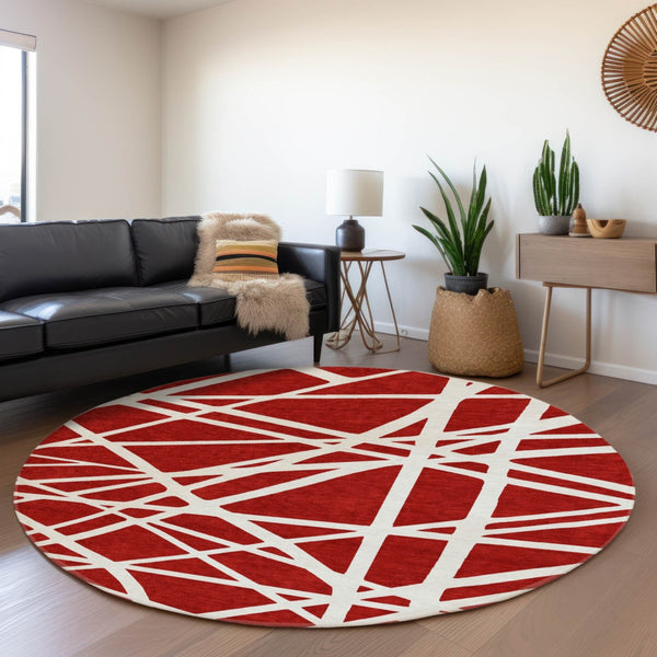 HomeRoots 8' Red and Ivory Geometric Round Rug - Durable, Washable, UV-Protected, Perfect for Busy Homes! 681638