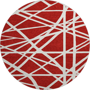 HomeRoots 8' Red and Ivory Geometric Round Rug - Durable, Washable, UV-Protected, Perfect for Busy Homes! 681638
