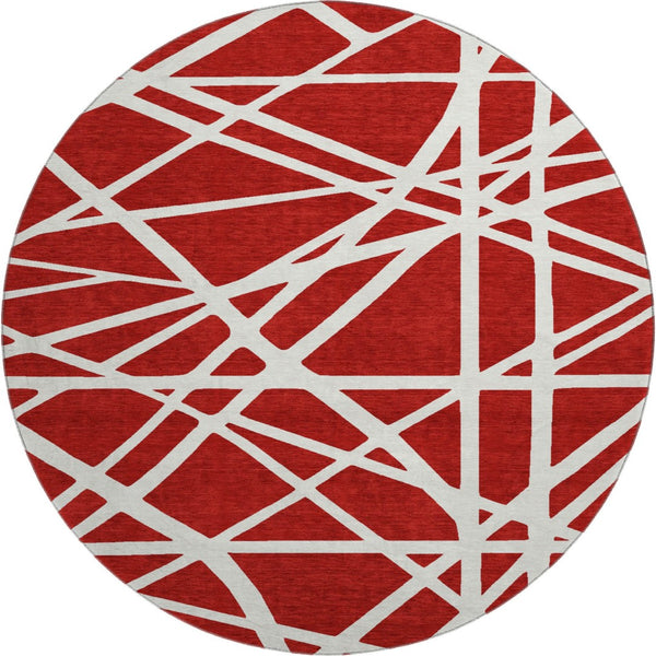 HomeRoots 8' Red and Ivory Geometric Round Rug - Durable, Washable, UV-Protected, Perfect for Busy Homes! 681638